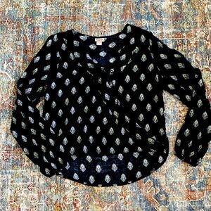 Mission, black and cream wrap blouse.